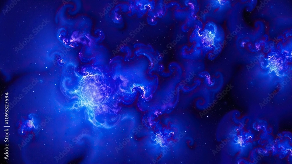 Fototapeta premium Fractal pattern of swirling galaxies in shades of blue and purple, nebulas, astronomy images, galaxy fractal blue purple cosmic clouds abstract space