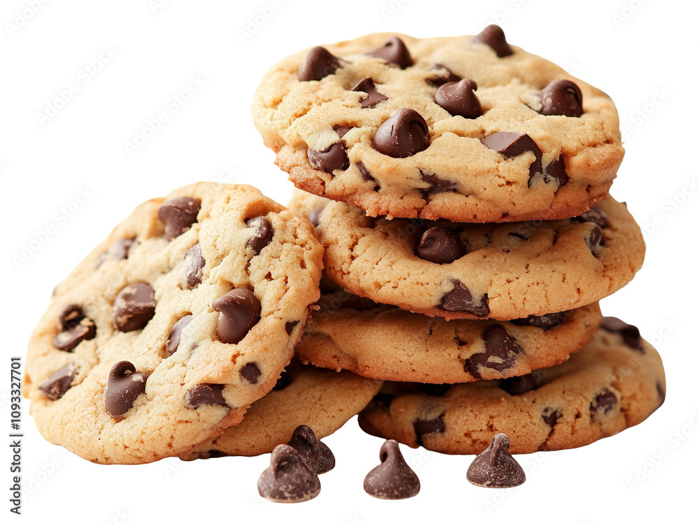 Delicious Chocolate Chip Cookies Stacked with Chocolate Chips, isolated on transparent background Delicious Chocolate Chip Cookies Stacked with Chocolate Chips, isolated on transparent background