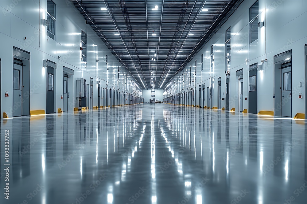 A long, empty corridor in a modern warehouse with reflective floors A long, empty corridor in a modern warehouse with reflective floors