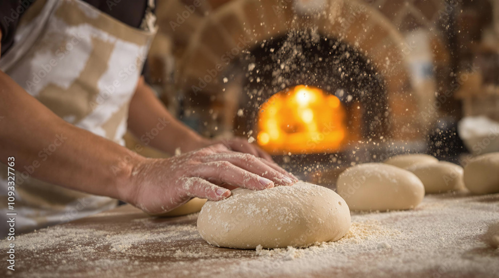 Baker Making Dough for Bread in Bakery with Open Oven Baker Making Dough for Bread in Bakery with Open Oven