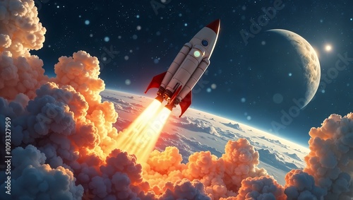 Rocket launch, ship illustration, rocket in space  photo