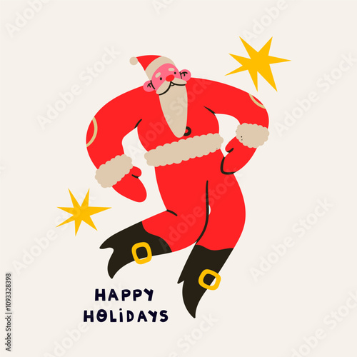 Dancing, jumping happy Santa Claus. Cheerful cute character. Christmas, New year celebration concept. Cartoon flat style. Hand drawn trendy Vector illustration. Isolated design element. Pre-made card