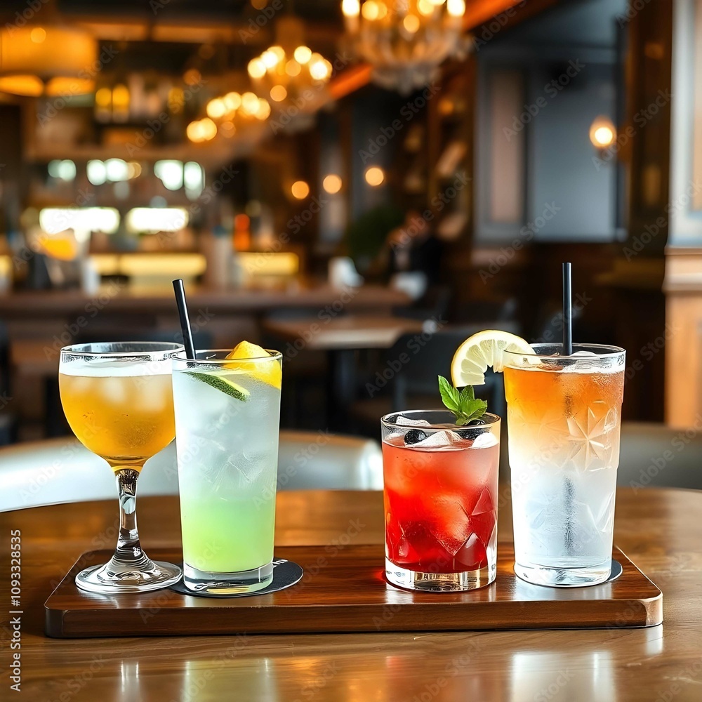 Four different colorful drinks on a wooden table at a fancy restaurant bar with blurred back Four different colorful drinks on a wooden table at a fancy restaurant bar with blurred back