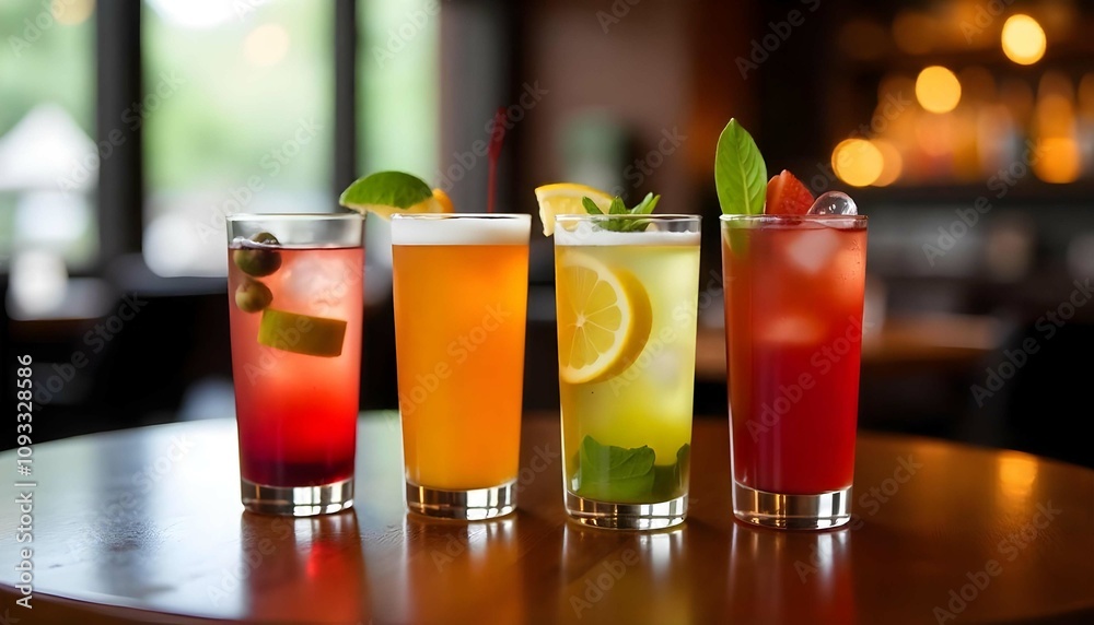 Four different colorful drinks on a wooden table at a fancy restaurant bar with blurred back Four different colorful drinks on a wooden table at a fancy restaurant bar with blurred back