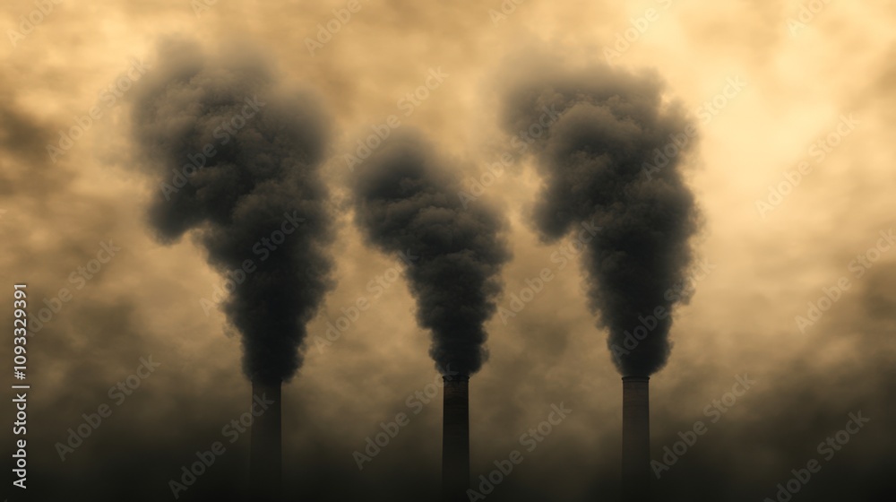 Industrial smokestacks release heavy smoke into a hazy sky, showcasing pollution and environmental concerns, This image can be used in discussions about climate change and air quality awareness, Industrial smokestacks release heavy smoke into a hazy sky, showcasing pollution and environmental concerns, This image can be used in discussions about climate change and air quality awareness,
