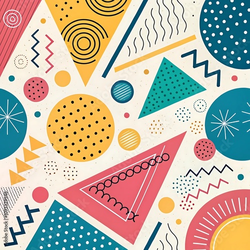 Design a vibrant Memphis-style pattern with colorful geometric shapes, including triangles, circles, and abstract squiggles. Use a mix of teal, pink, yellow, and white tones, featuring bold lines, pol