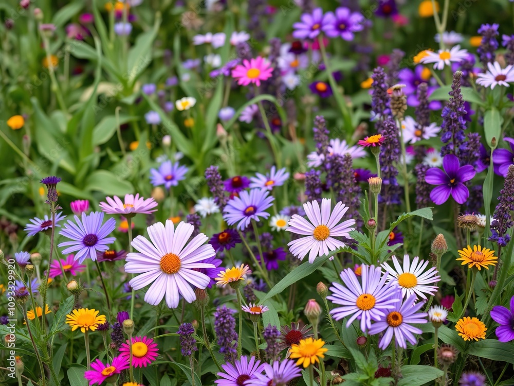Colorful mix of purple flowers and leaves in a lush meadow scene, botanicals, greenery, foliage Colorful mix of purple flowers and leaves in a lush meadow scene, botanicals, greenery, foliage