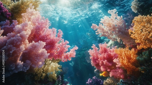 Vibrant Underwater Scene of Colorful Coral Reefs with Sunlight Streaming Through Water in a Tropical Ocean Environment