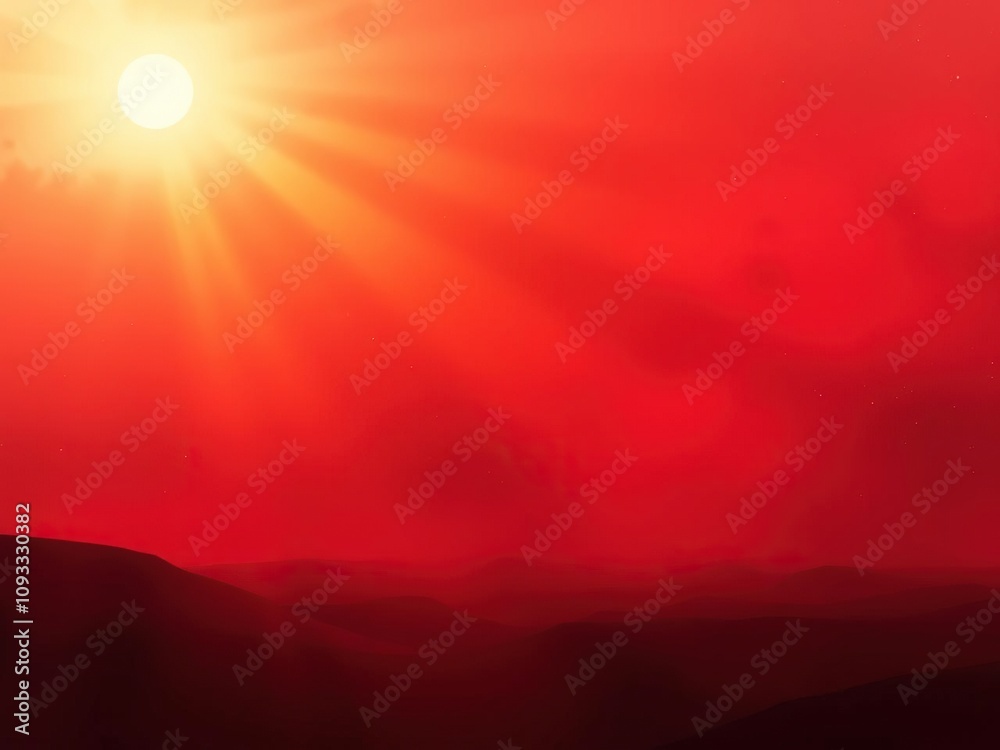 Cosmic dawn landscape with abstract red background and golden light rays effect, golden light, ethereal glow Cosmic dawn landscape with abstract red background and golden light rays effect, golden light, ethereal glow