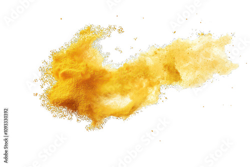 A soft explosion of turmeric powder particles elegantly scattered in mid-air, showcasing a bright white background.