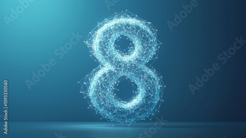 Number eight text. Low poly wireframe illustration on technology blue background. Copy paste area for text and brand