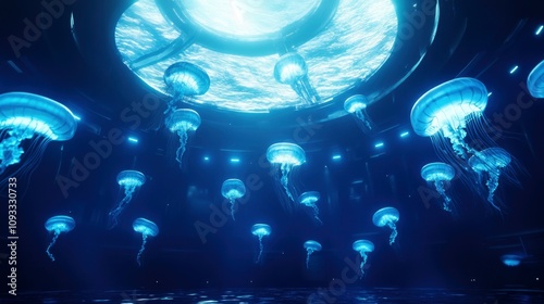 A massive aquarium with glowing jellyfish swimming through the water