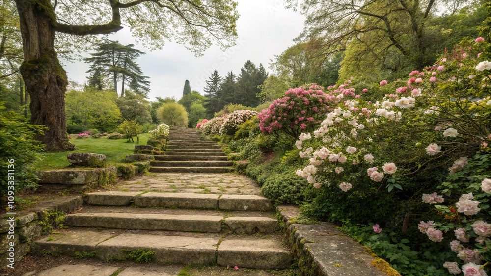 Old stone steps leading to a tranquil garden filled with blooming flowers and lush greenery, natural beauty, serene landscape, peaceful garden, blooming flowers, old stone steps