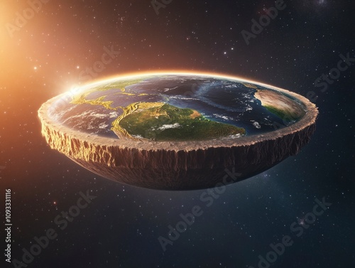 Earth in flat shape like a plate. Surounded by space. on the flat shape is shown the whole eart photo