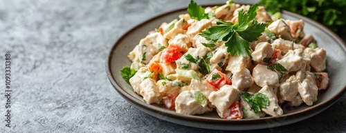 Delicious Fresh Salad Mix with Creamy Dressing and Colorful Vegetables on a Rustic Plate with Green Herbs Garnish