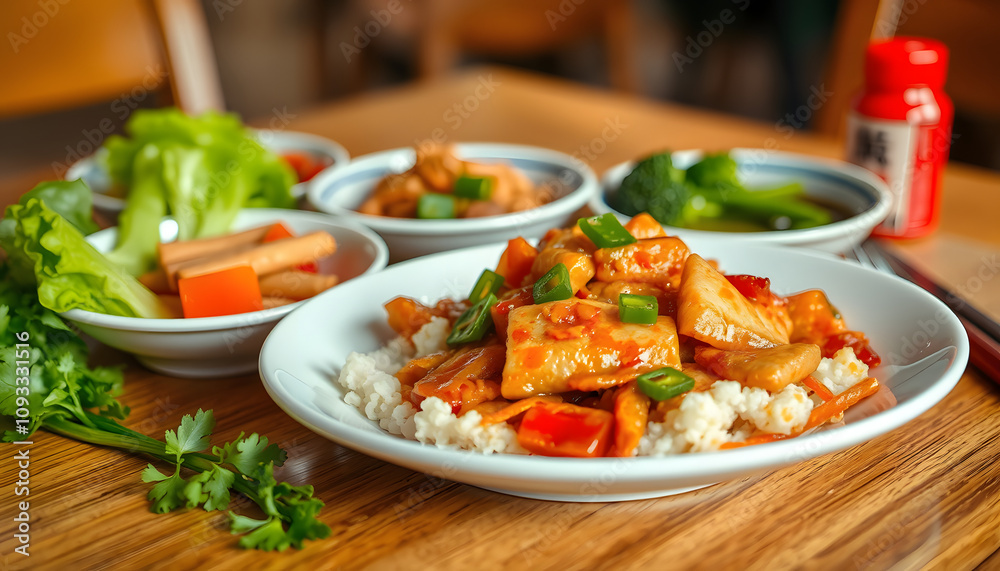 Close up of Chinese food served on table isolated with white highlights, png Close up of Chinese food served on table isolated with white highlights, png