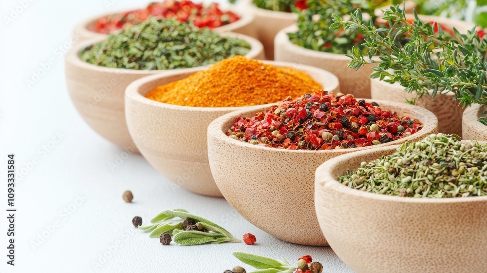 Colorful spices display in wooden bowls kitchen food bright environment close-up view Colorful spices display in wooden bowls kitchen food bright environment close-up view