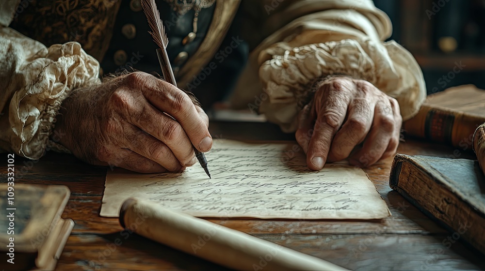 Elderly Man Writes With Quill Pen On Parchment Elderly Man Writes With Quill Pen On Parchment