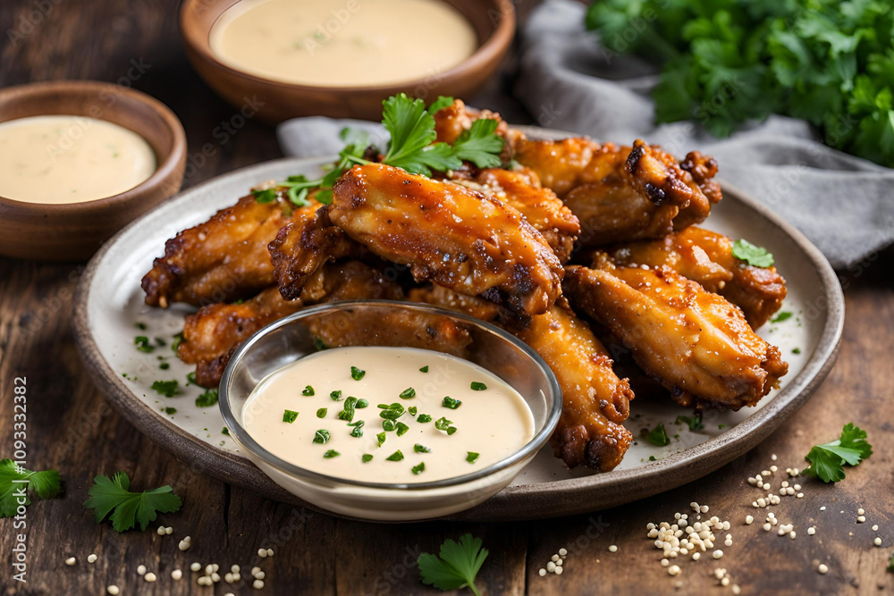 A plate of crispy, golden honey butter chicken wings, garnished with sesame seeds and fresh parsley, served with a side of creamy dipping sauce, on a rustic wooden table. A plate of crispy, golden honey butter chicken wings, garnished with sesame seeds and fresh parsley, served with a side of creamy dipping sauce, on a rustic wooden table.