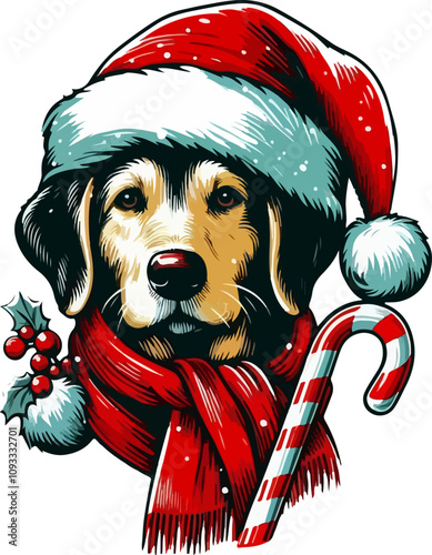 vector illustration of cute cartoon christmas dog with santa hat, gifts and christmas tree on the white background