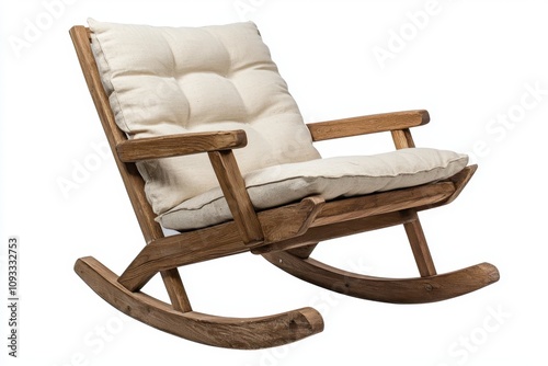 Cozy wooden rocking chair with soft cushions, perfect for relaxation or reading.