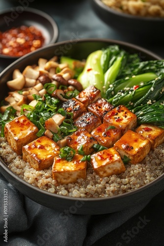 Delicious Healthy Quinoa Bowl with Grilled Tofu, Fresh Vegetables, and Spicy Sauce Served in a Black Bowl on Dark Background