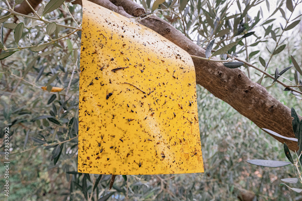 Yellow sticky insect trap hanging on olive tree branch for pest control