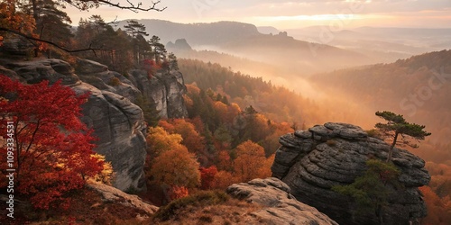 Softly glowing embers of golden light illuminate the rugged contours of a rocky gulch shrouded in a thick veil 