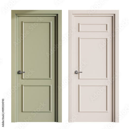 Two doors, one is green and the other is white