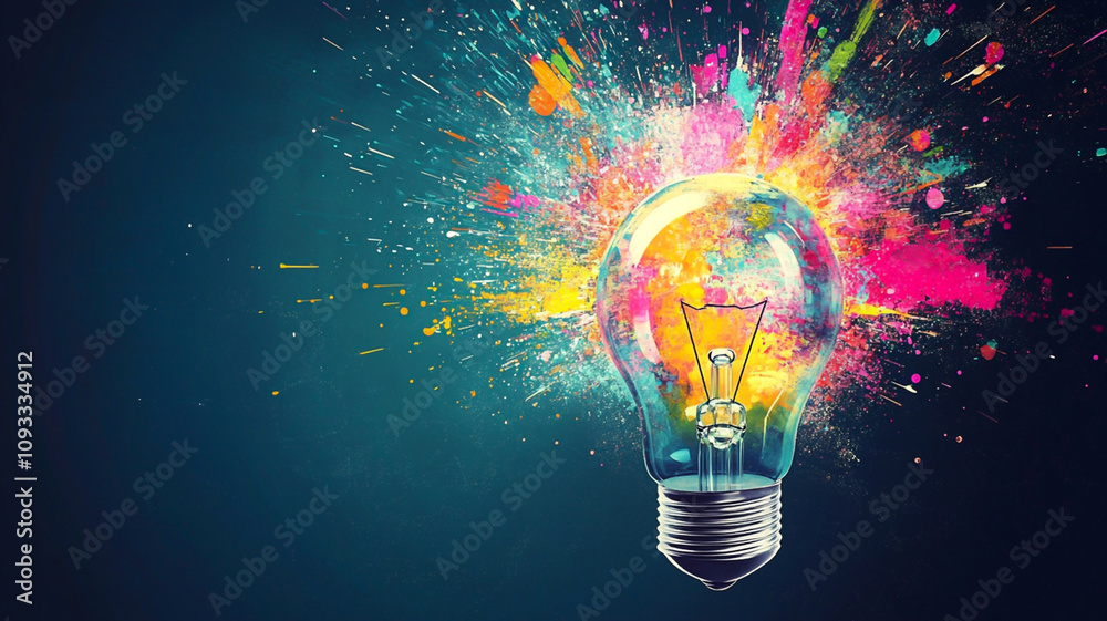 A vibrant lightbulb bursts with colorful splashes on a dark background, symbolizing creativity, inspiration, and innovation. The dynamic energy captures the essence of brilliant ideas.

