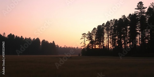 Soft pink hues seep into the horizon as a dense forest gives way to an expansive open field, with tall trees silhouetted against a canvas of warm, golden light, transition, forest