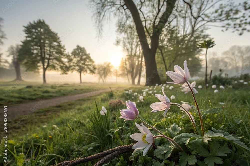 Delicate petals of a flower unfurl as the first light of dawn peeks through the trees in a tranquil garden landscape, bloom, garden Delicate petals of a flower unfurl as the first light of dawn peeks through the trees in a tranquil garden landscape, bloom, garden