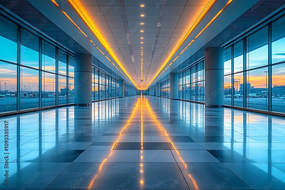 Empty airport terminal with modern architecture and sunset view Empty airport terminal with modern architecture and sunset view