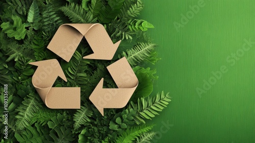 Wallpaper Mural Recycling symbol on lush green foliage background, promoting eco-friendly practices, AI Torontodigital.ca