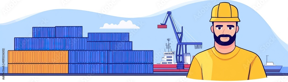 A construction worker with a hard hat stands in front of shipping containers and a crane at a bustling port. A construction worker with a hard hat stands in front of shipping containers and a crane at a bustling port.