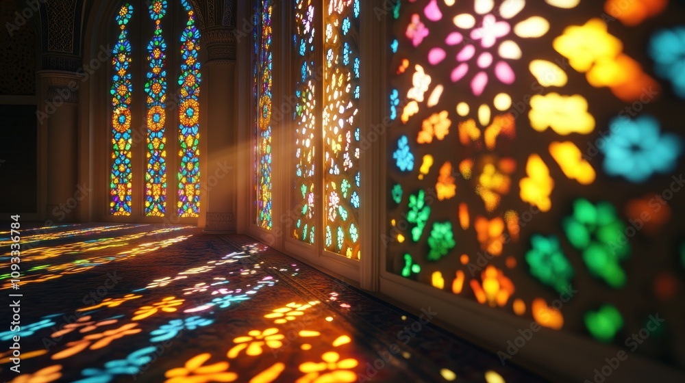 Obraz premium Colorful stained glass window patterns casting vibrant light and shadows on floor.