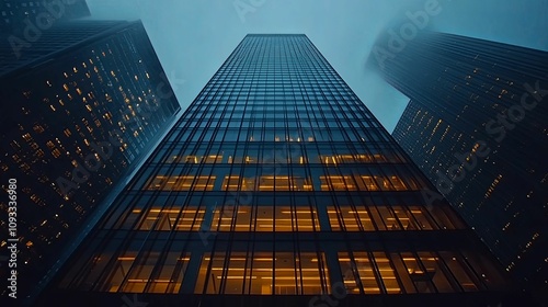 Wallpaper Mural Illuminated Skyscraper Amidst City Fog at Dusk Torontodigital.ca