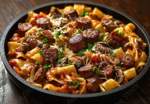 Delicious Plate of Pasta with Sausage, Mushrooms, and Cheese Served in a Black Bowl on a Rustic Wooden Table, Ideal for Authentic Italian Cuisine Imagery