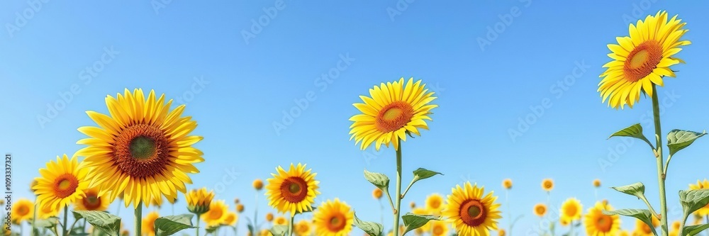 Watercolor illustration of a field of sunflowers with tall stalks and bright yellow petals against a clear blue sky, sunflowers, petals