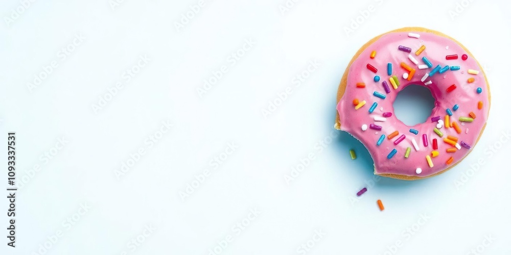 Donut with bright pink frosting and multicolored sprinkles, colorful toppings, food photography Donut with bright pink frosting and multicolored sprinkles, colorful toppings, food photography