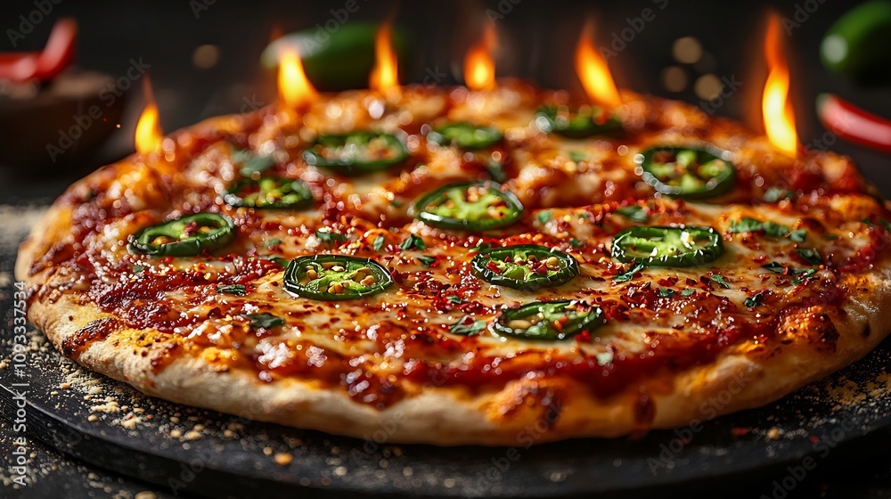Spicy Flame Kissed Pizza Slice with Chili Flakes and Jalapeos Mouthwatering Culinary Delight Spicy Flame Kissed Pizza Slice with Chili Flakes and Jalapeos Mouthwatering Culinary Delight
