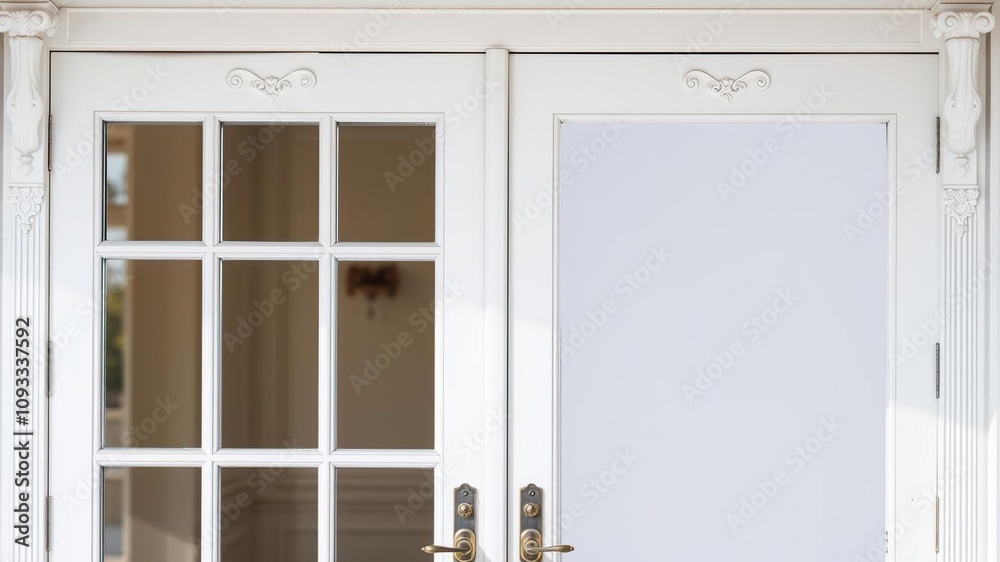 Double glass door with white painted frame and ornate decorations, modern classic, minimalist chic, white door Double glass door with white painted frame and ornate decorations, modern classic, minimalist chic, white door