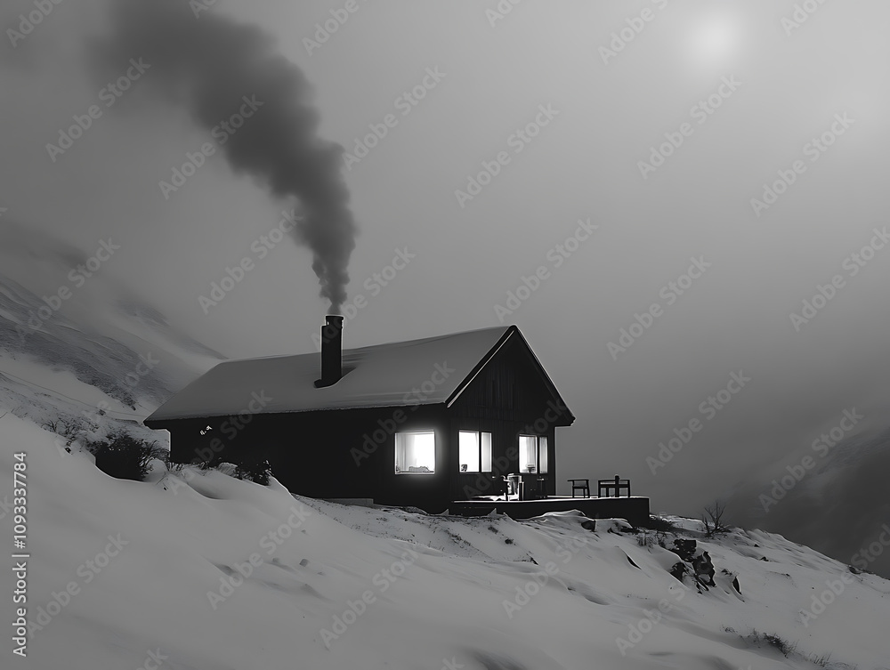 A snowy mountain cabin at dusk with smoke rising from the chimney and glowing lights inside A snowy mountain cabin at dusk with smoke rising from the chimney and glowing lights inside