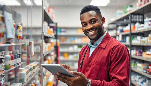 Pharmacy: Portrait of Professional Confident Black Pharmacist Uses Digital Tablet Computer, Checks Inventory of Medicine, Looks at Camera and Smiles Charmingly. Drugstore Store Health Care Products 