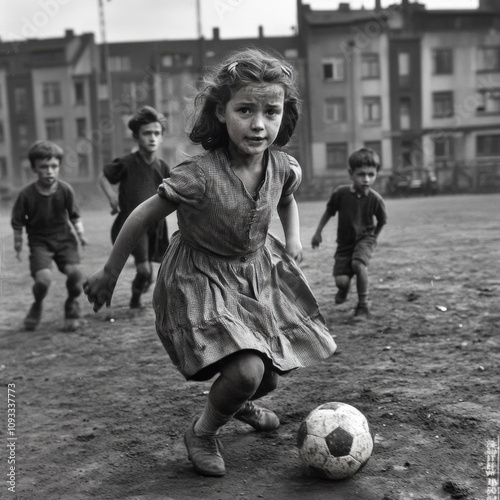 Mädchen beim Fussballspielen in den 50er Jahren im Ruhrgebiet - noch seltener Anblick
