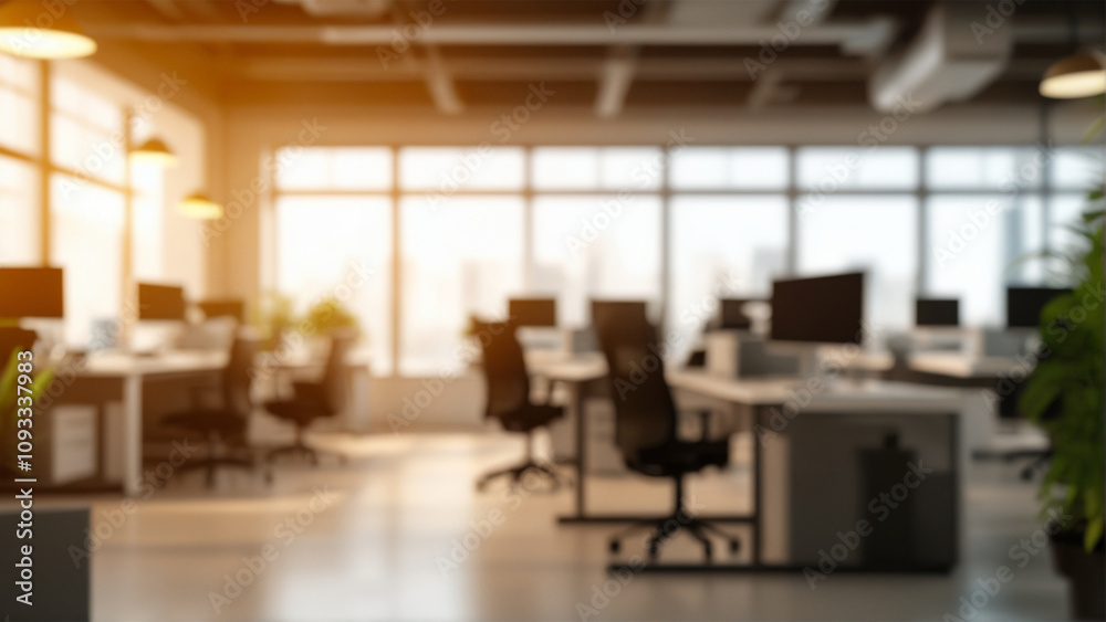 Abstract Blurred Office Interior Modern Workspace with Natural Light and Professional Ambiance.