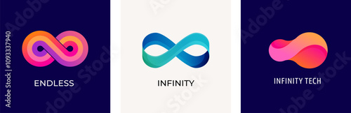 Set of Infinity logos, mobius ribbon symbols, icons. Infinity 3D, modern minimalist style. Colorful vector design