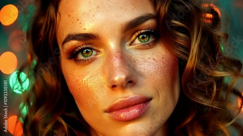 Portrait woman curly hair glowing skin vibrant bokeh lights background