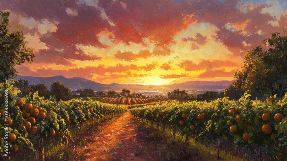 Fototapeta premium Beautiful Sunset Over Vineyard with Lush Orange Trees and Rolling Hills in the Background, Capturing the Tranquility of Nature and Harvest Season
