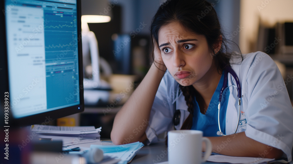 Frustrated Young Doctor in Scrubs at Cluttered Office Desk Frustrated Young Doctor in Scrubs at Cluttered Office Desk